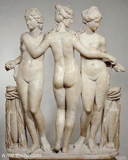 The three Kharites (Graces) dancing in a circle. Roman copy of Greek statue C2nd BC. Rennaisance era restoration by Nicolas Cordier (1609) 